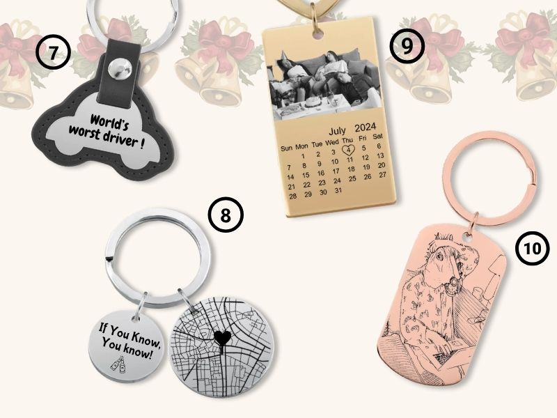 Personalised keyrings featuring map location design, photo calendar tag, and sketch-style engraving — perfect holiday gift idea.